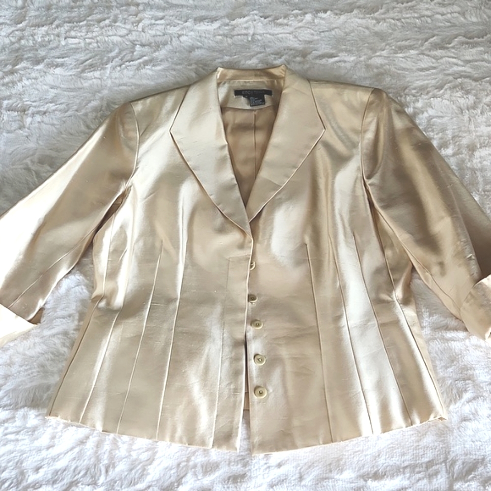 ETCETERA, Womens, Sz. 12, Golden, Metallic, Silk, Pleated, Blazer, Jacket, Coat